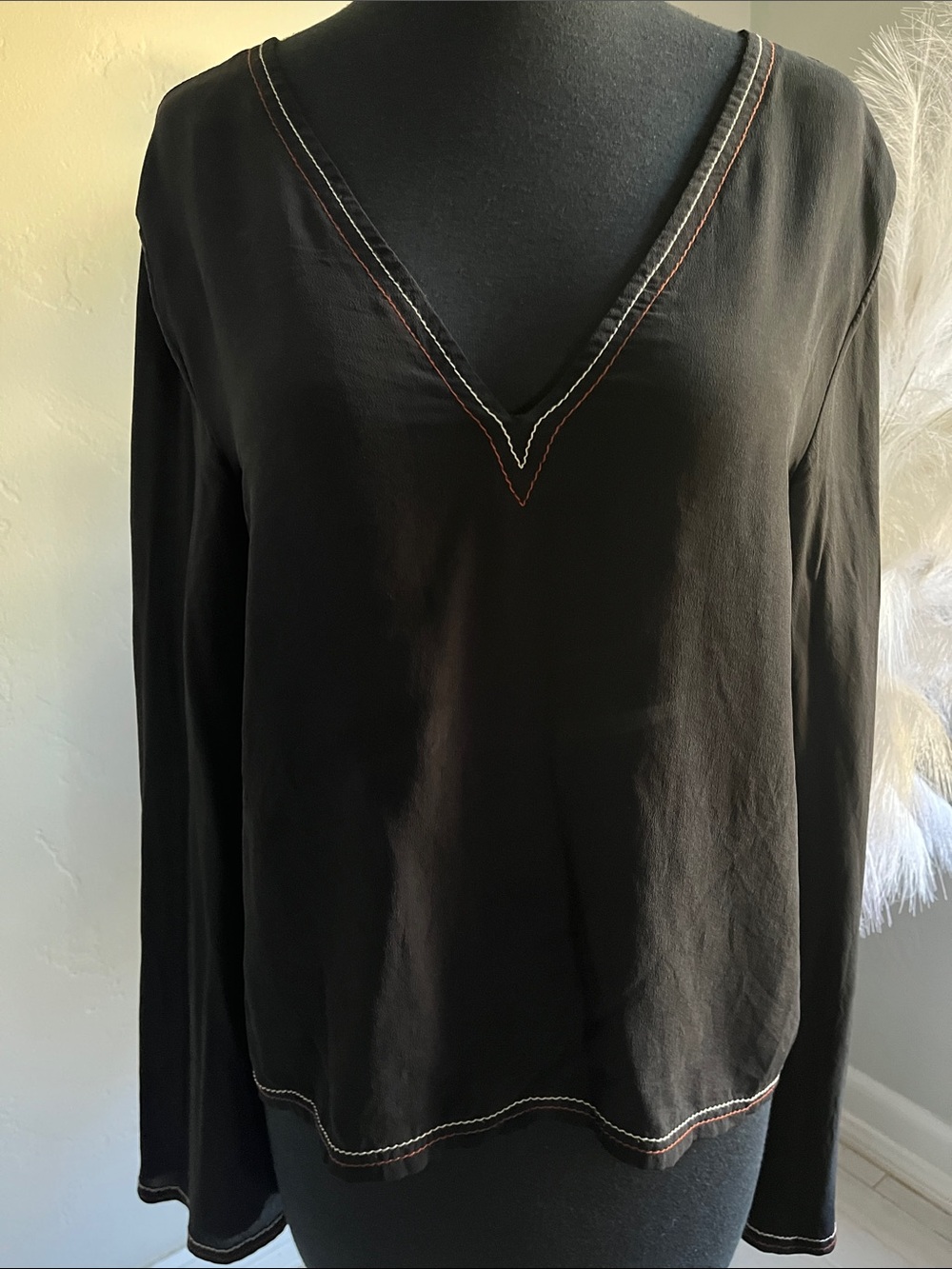 Madewell Black V-Neck Long Sleeve Top with Contrast Stitching